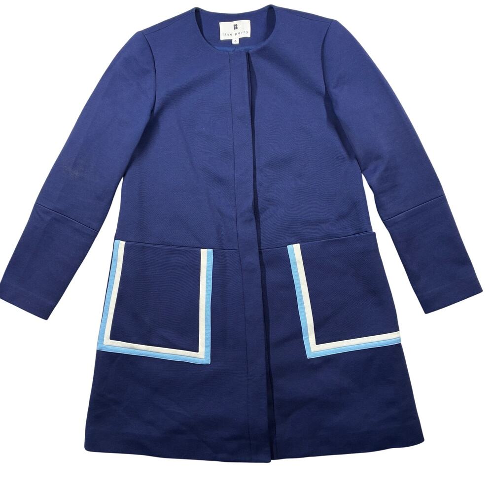 Lisa Perry Coat Womens 6 Navy White Trim Stretch Silk Lined Mod Jacket Runway